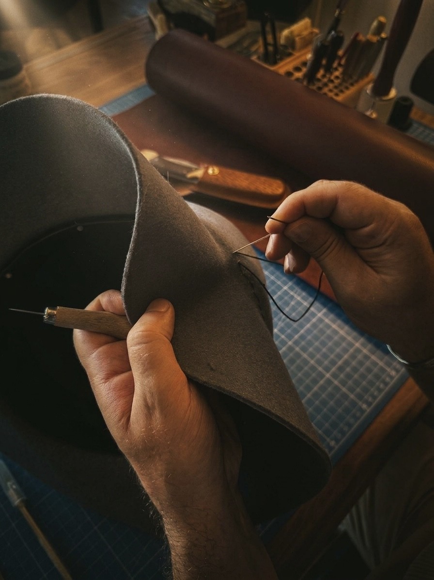 Couture à la main du bord d'un chapeau en feutre