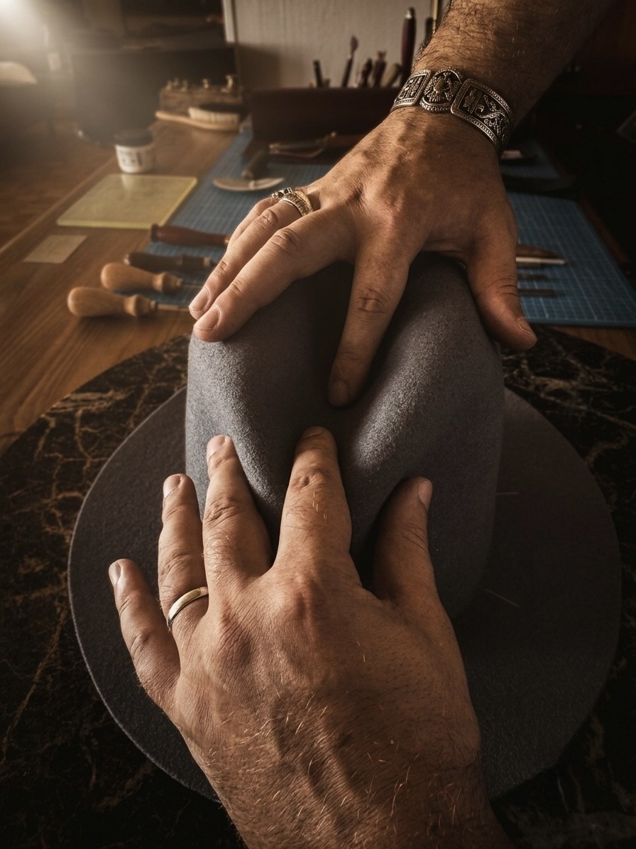 Façonnage à la main d'un chapeau en feutre, dans l'atelier Leciselé