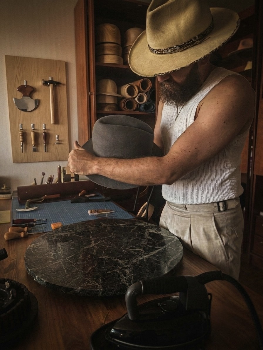 Lucas Magrin façonnant un chapeau en feutre dans son atelier en Auvergne